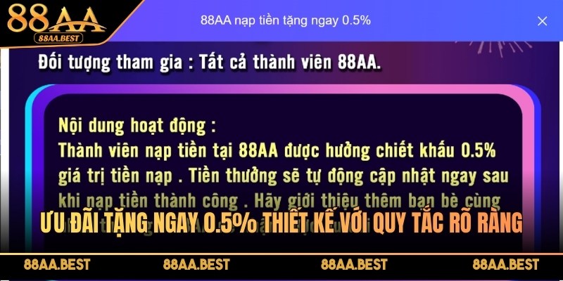 Ưu đãi nạp tiền tặng ngay 0.5% được thiết kế với quy tắc rõ ràng